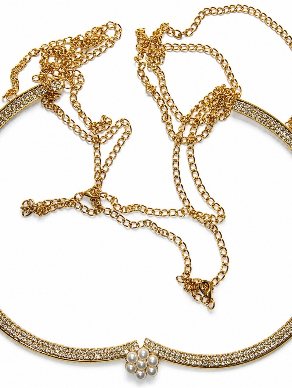 Gold Tone Rhinestone Bra Style Necklace – Dual Chain Design